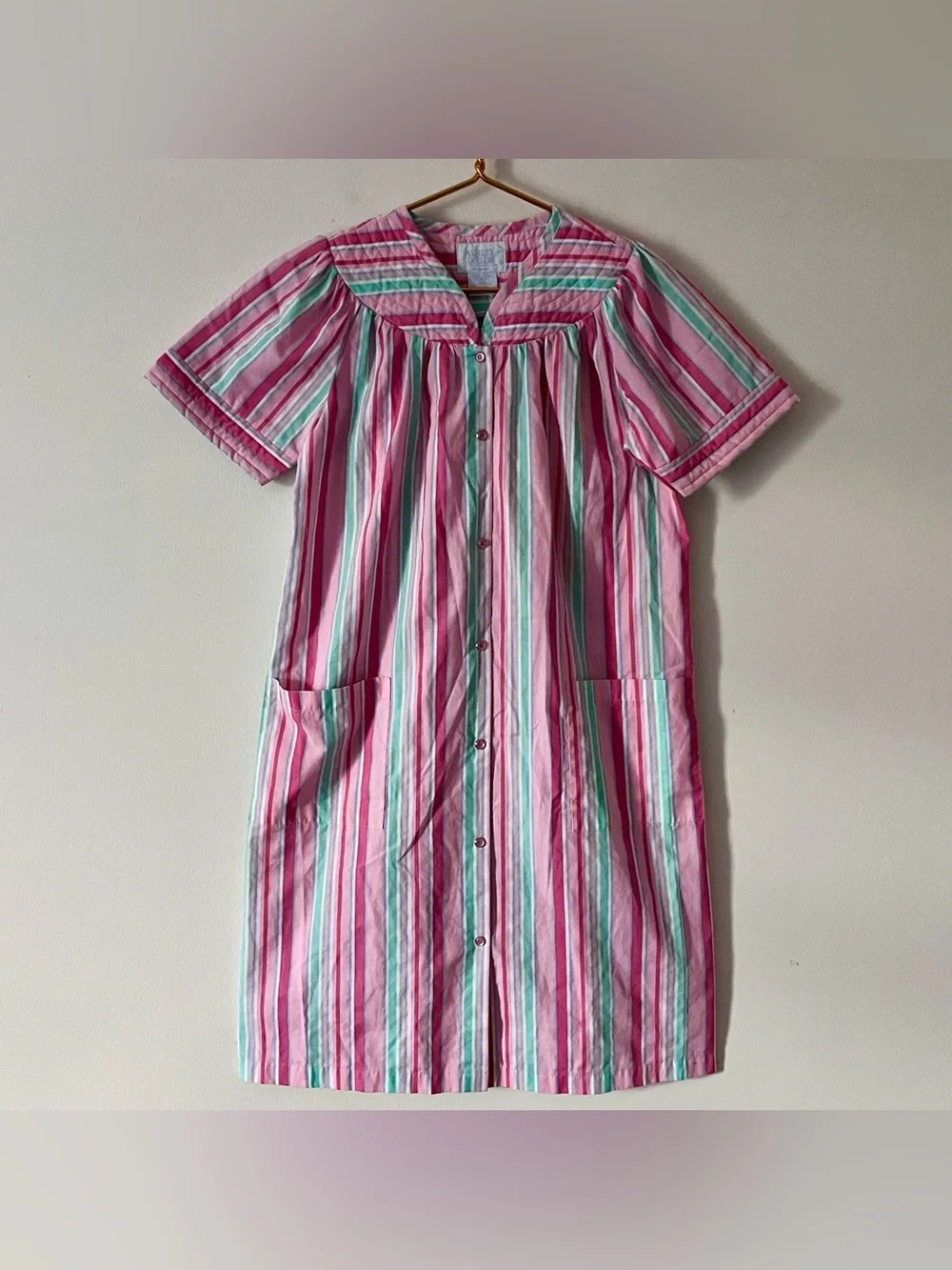 Vintage Ashley Taylor Pink & Green Striped Quilted Housecoat Dress Nightgown XS